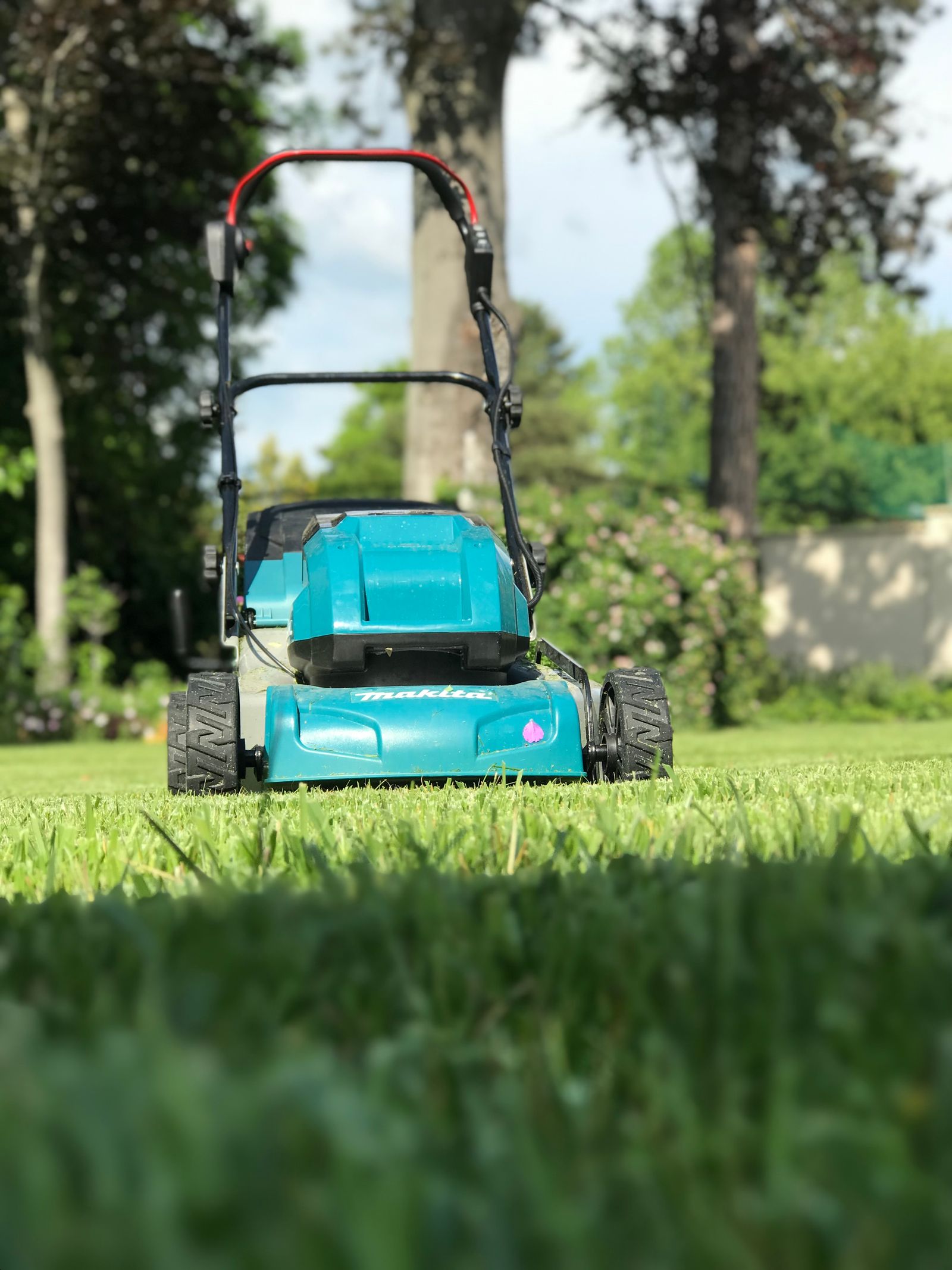 Mower working across a green lawn